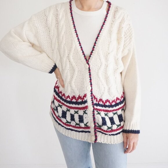 Sweaters - Huntington Ridge Hand Knit Cable Cardigan Preppycore Old Money Cottagecore M